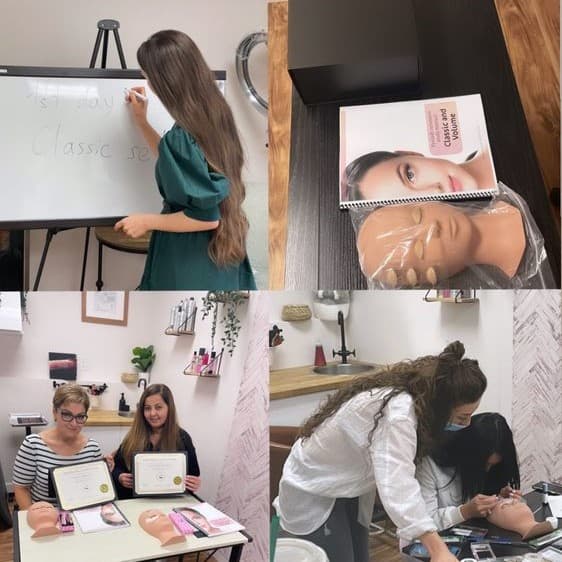 Anahit teaching a classic lash lesson at the whiteboard and students receiving their certificates